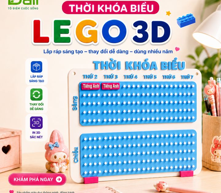 Bảng thời khoá biểu lắp ghép Dali: tấm nền hai lưới Sáng và Chiều, các thẻ môn học nhiều màu cắm rời.